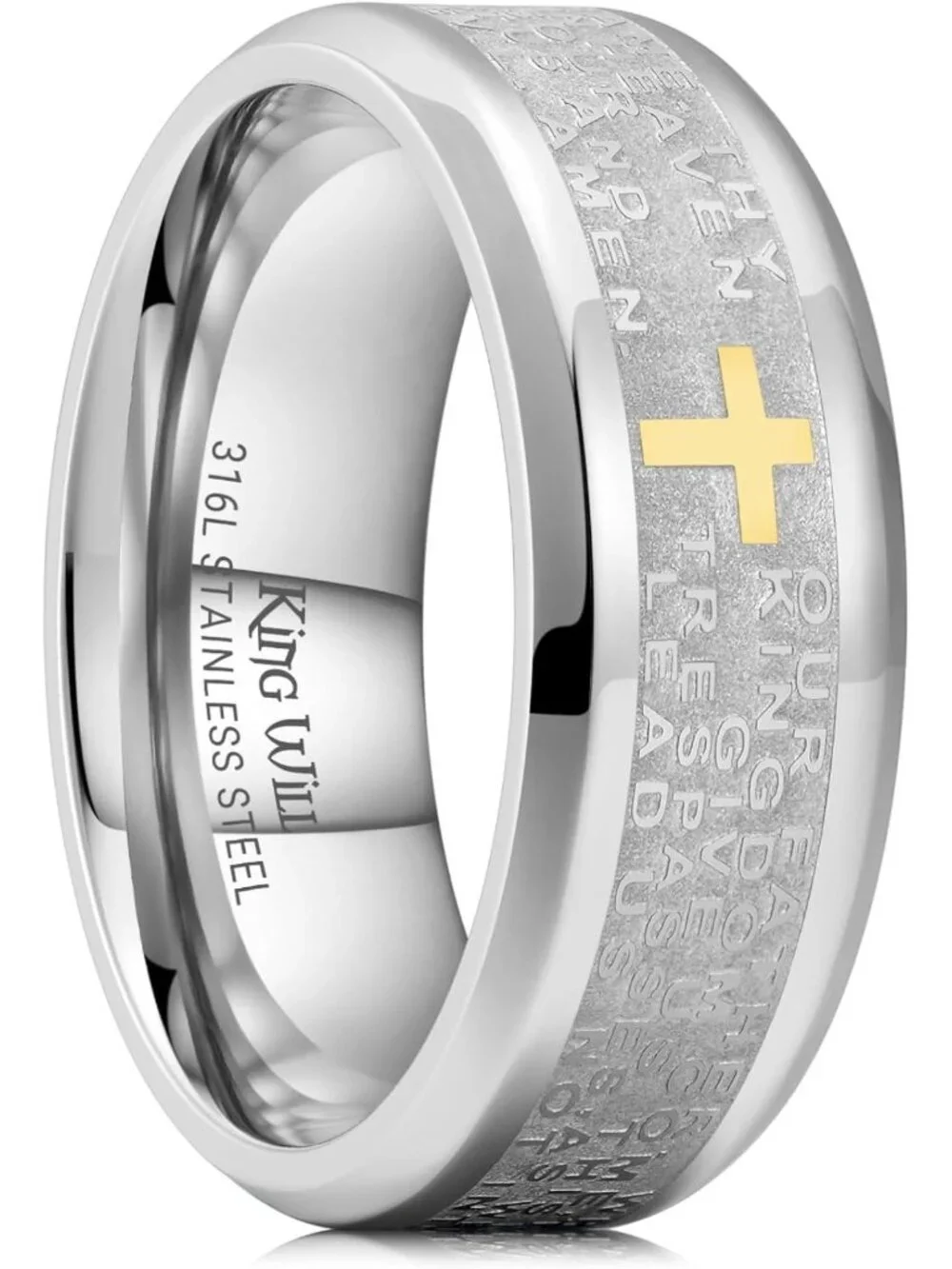 Stainless Steel Men's Wedding Ring with Lord's Prayer & Cross, Comfort Fit Band